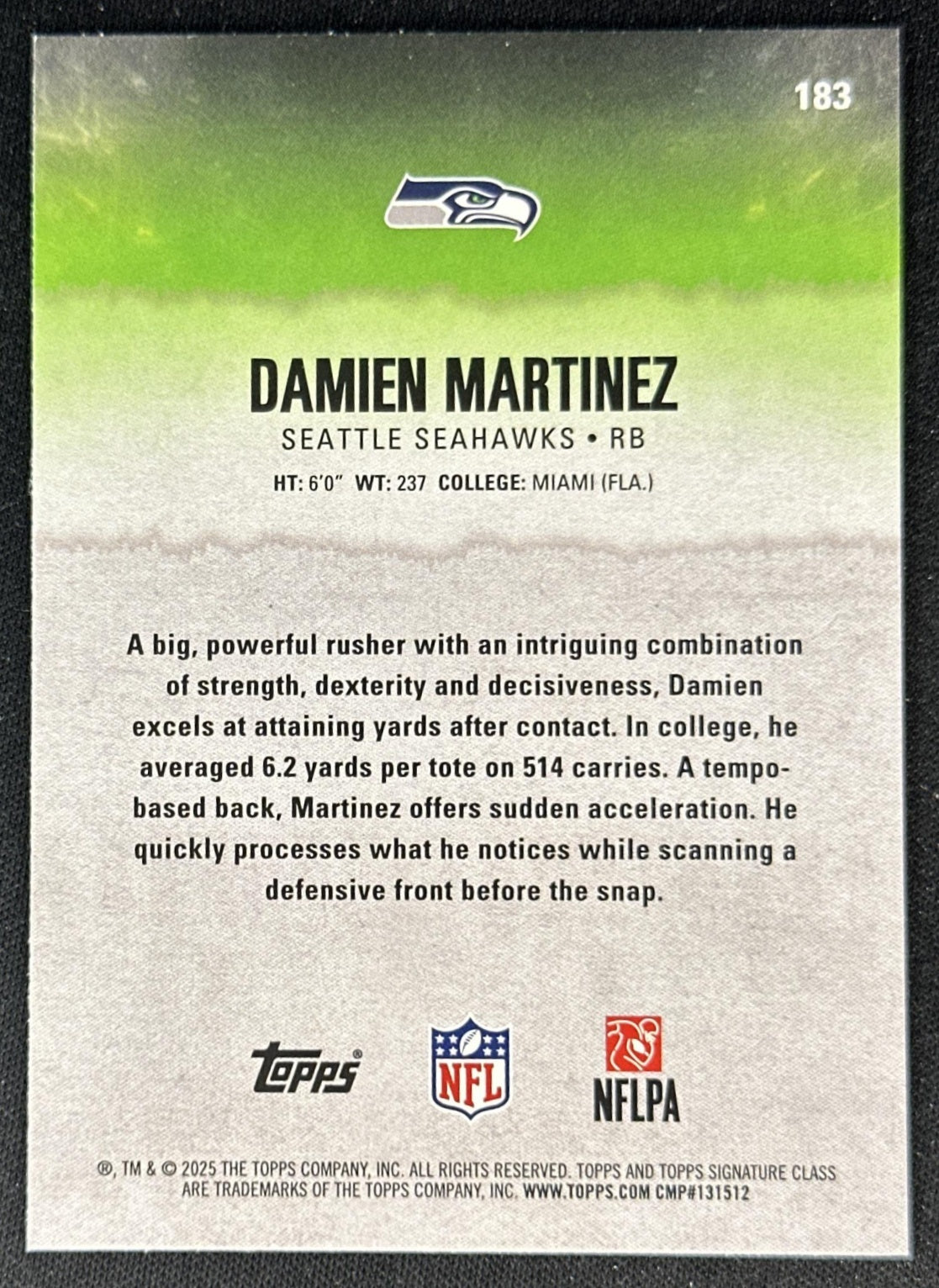 Damien Martinez 2025 Topps Signature Class Rookie Green & Purple Foil Seahawks back