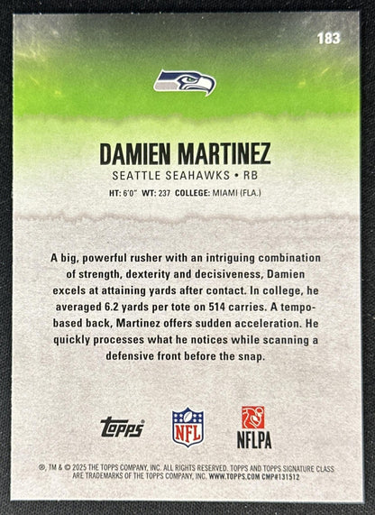 Damien Martinez 2025 Topps Signature Class Rookie Green & Purple Foil Seahawks back