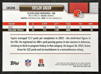 Taylen Green 2026 Topps Flagship Rookie Browns Sports Trading Cards