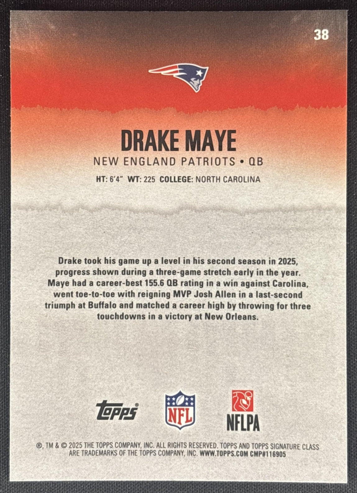 Drake Maye 2025 Topps Signature Class Chrome Veteran Patriots back