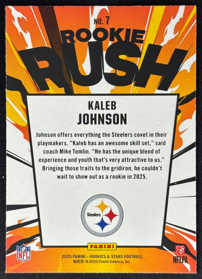 Kaleb Johnson 2025 Rookies & Stars Rookie Rush Preferred Steelers - back