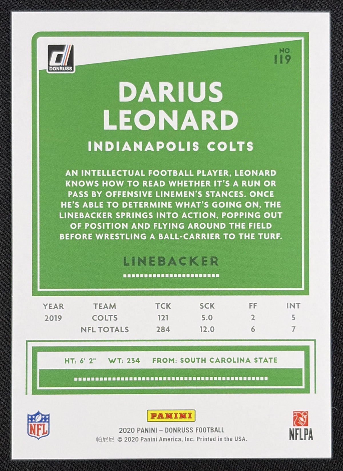 Darius Leonard 2020 Panini Donruss Press Proof Black /10 Colts