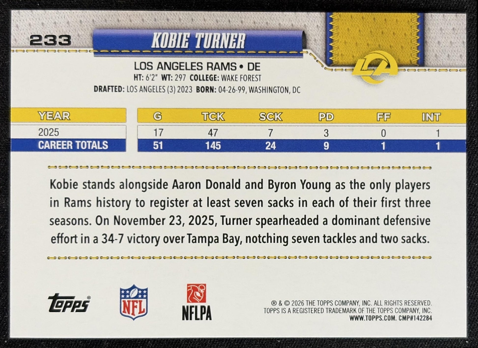 Kobie Turner 2026 Topps Football Leather Foil Rams back