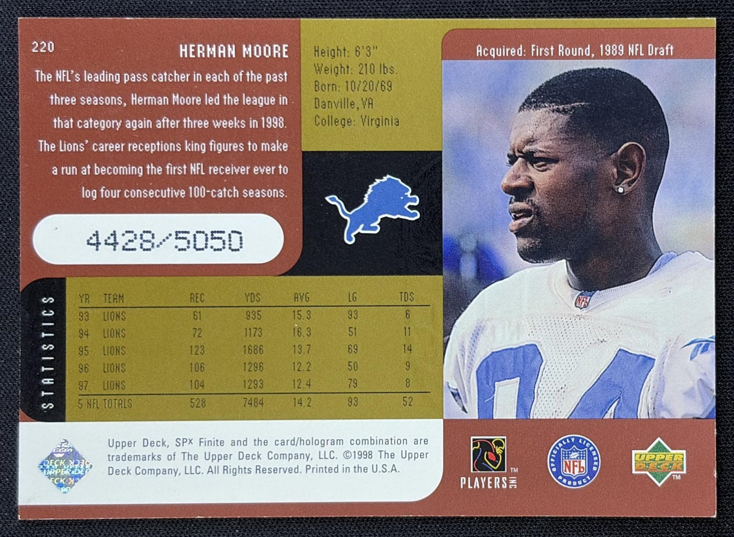 Herman Moore 1998 SPx Finite /10100 Lions