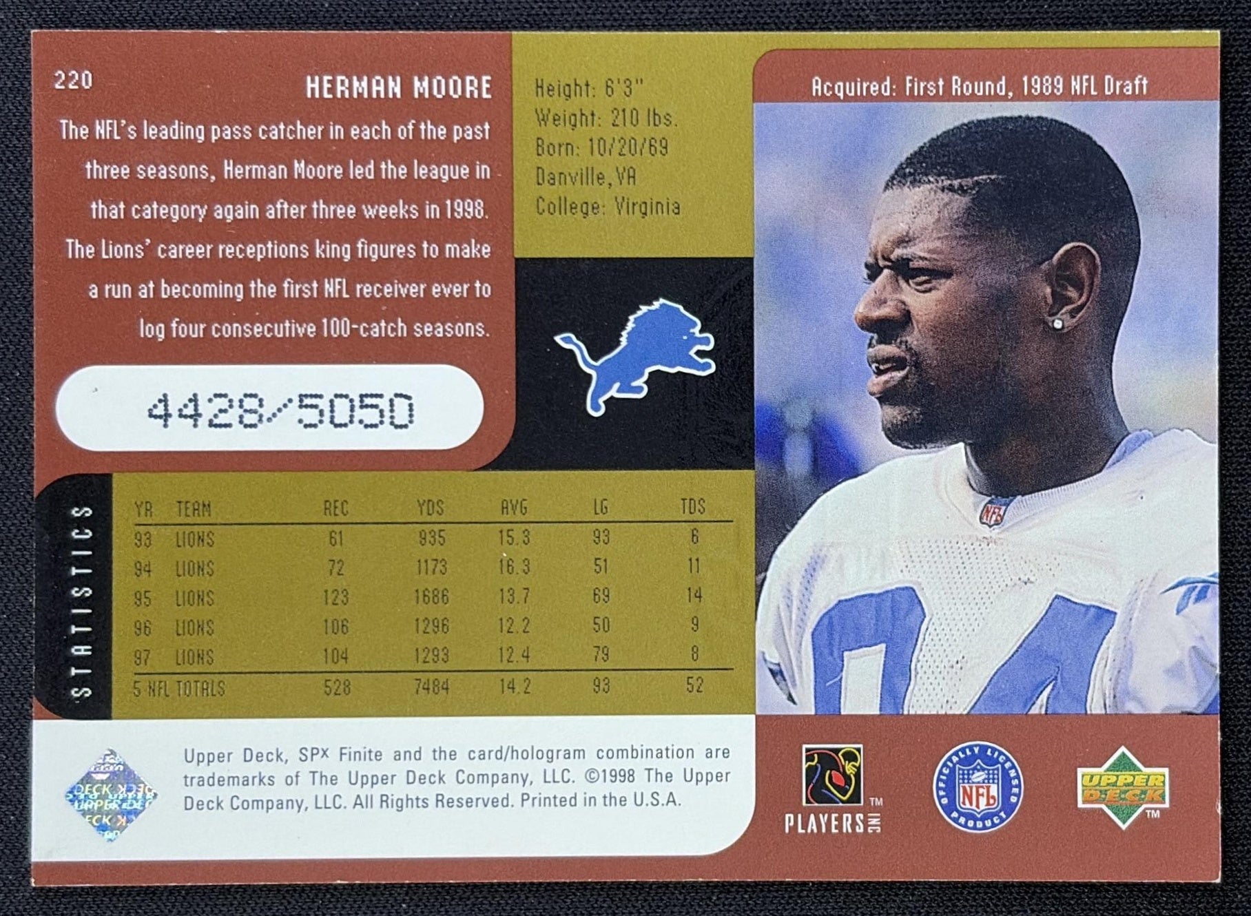 Herman Moore 1998 SPx Finite /10100 Lions