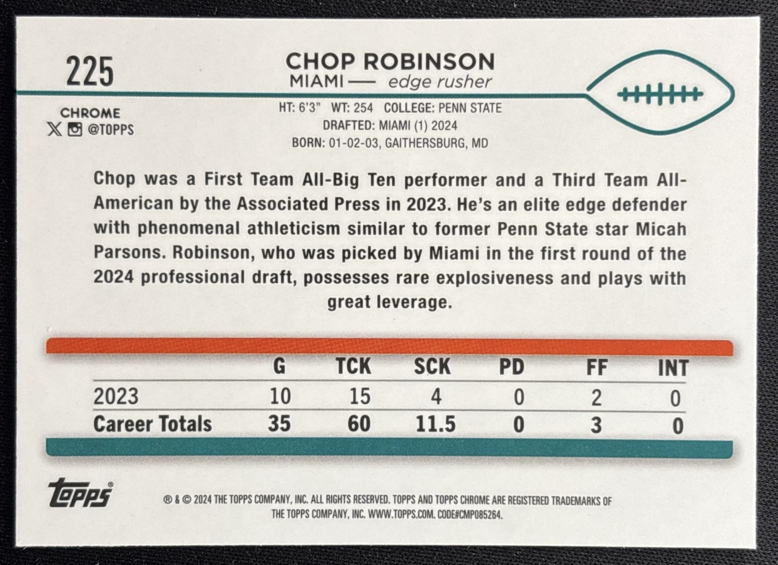 Chop Robinson 2024 Topps Chrome Sepia Refractor Dolphins Sports Trading Cards