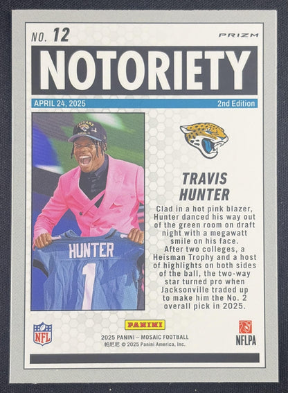 Travis Hunter 2025 Panini Mosaic Notoriety Green Prizm Jaguars Jacksonville Jaguars