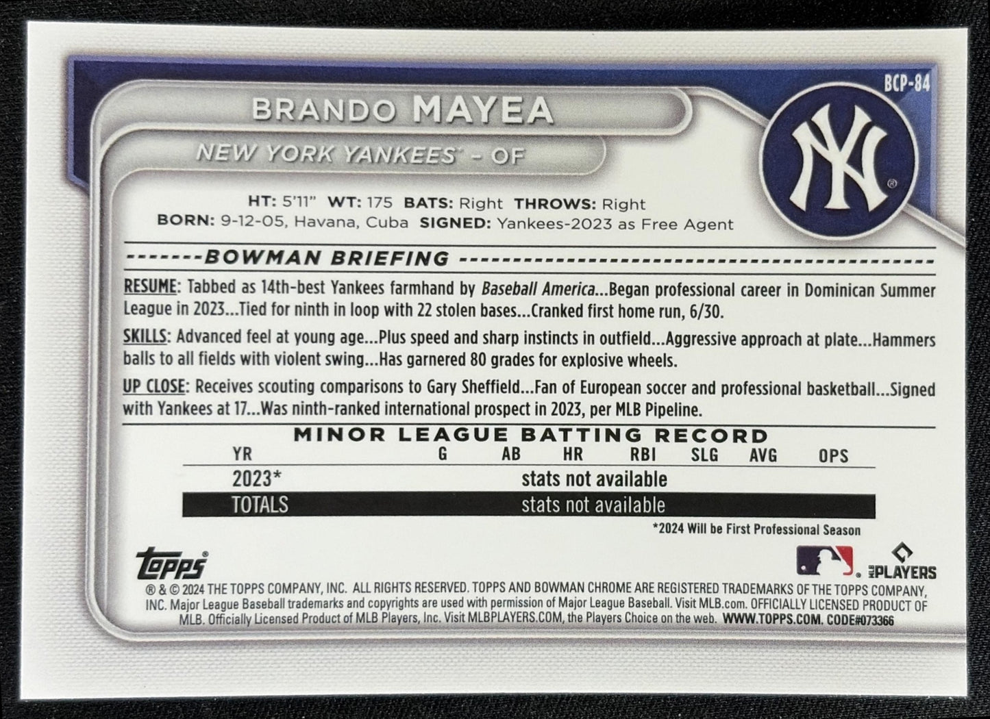 Brando Mayea 2024 Bowman Mega Box Chrome Prospects Mojo Refractor Yankees
