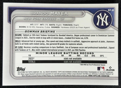 Brando Mayea 2024 Bowman Mega Box Chrome Prospects Mojo Refractor Yankees