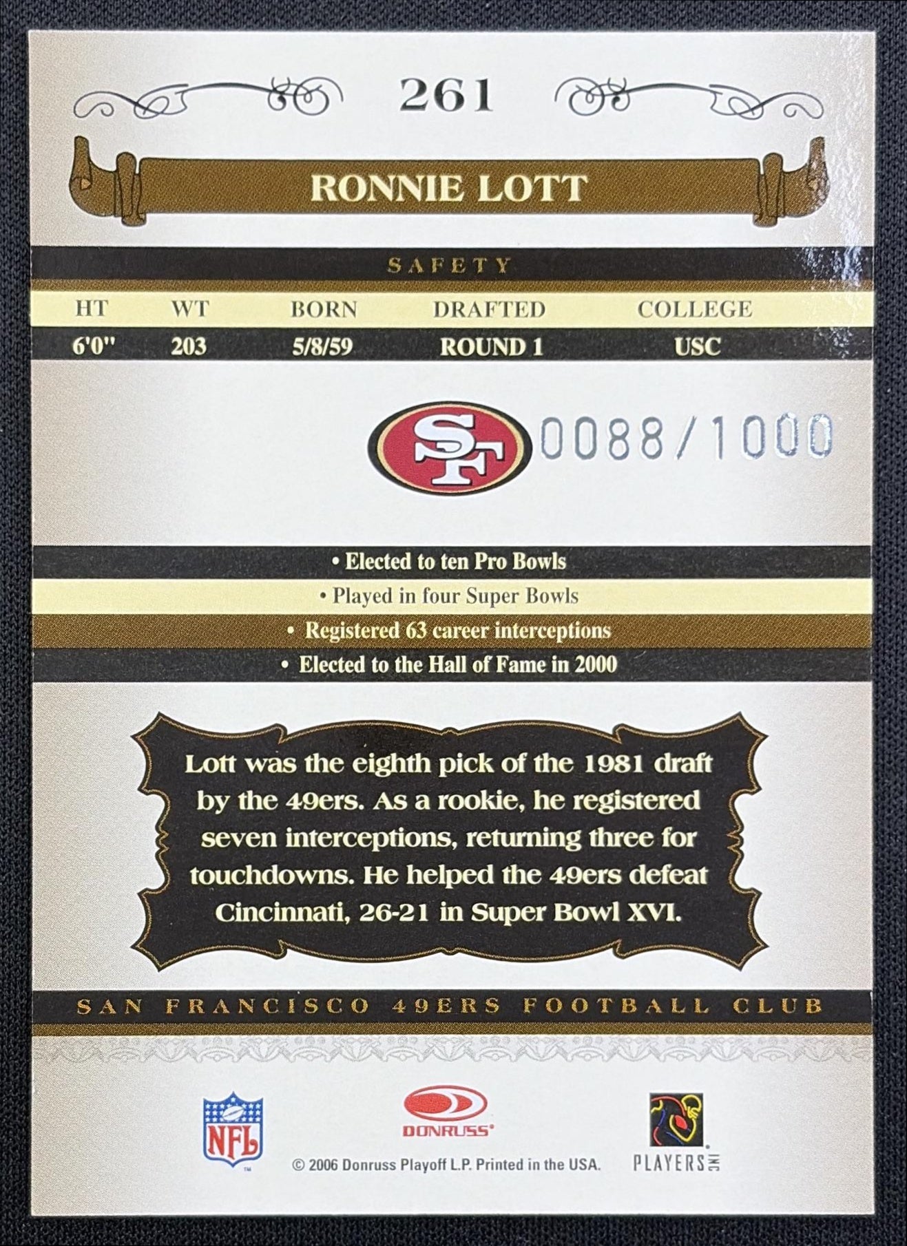 Ronnie Lott 2006 Donruss Classics /1000 49ers