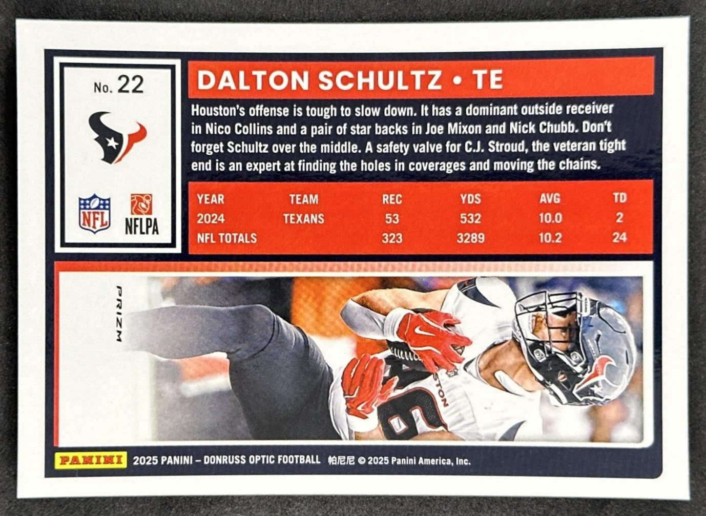 Dalton Schultz 2025 Panini Donruss Optic Stars Prizm Texans Sports Trading Card