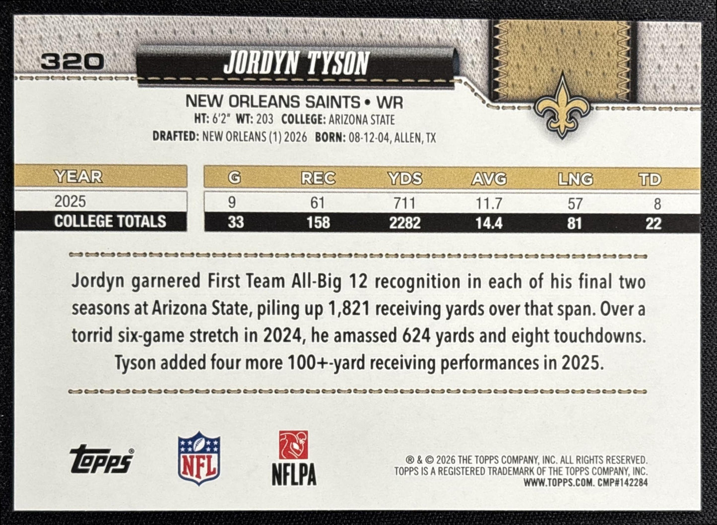 Jordyn Tyson 2026 Topps Sandglitter Saints