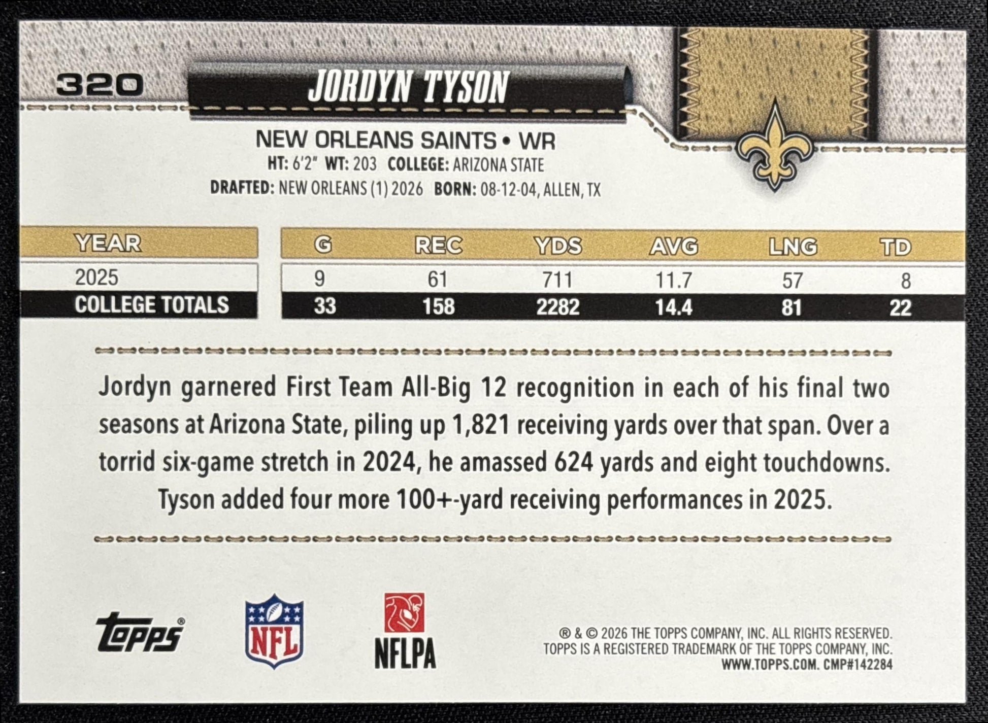 Jordyn Tyson 2026 Topps Sandglitter Saints