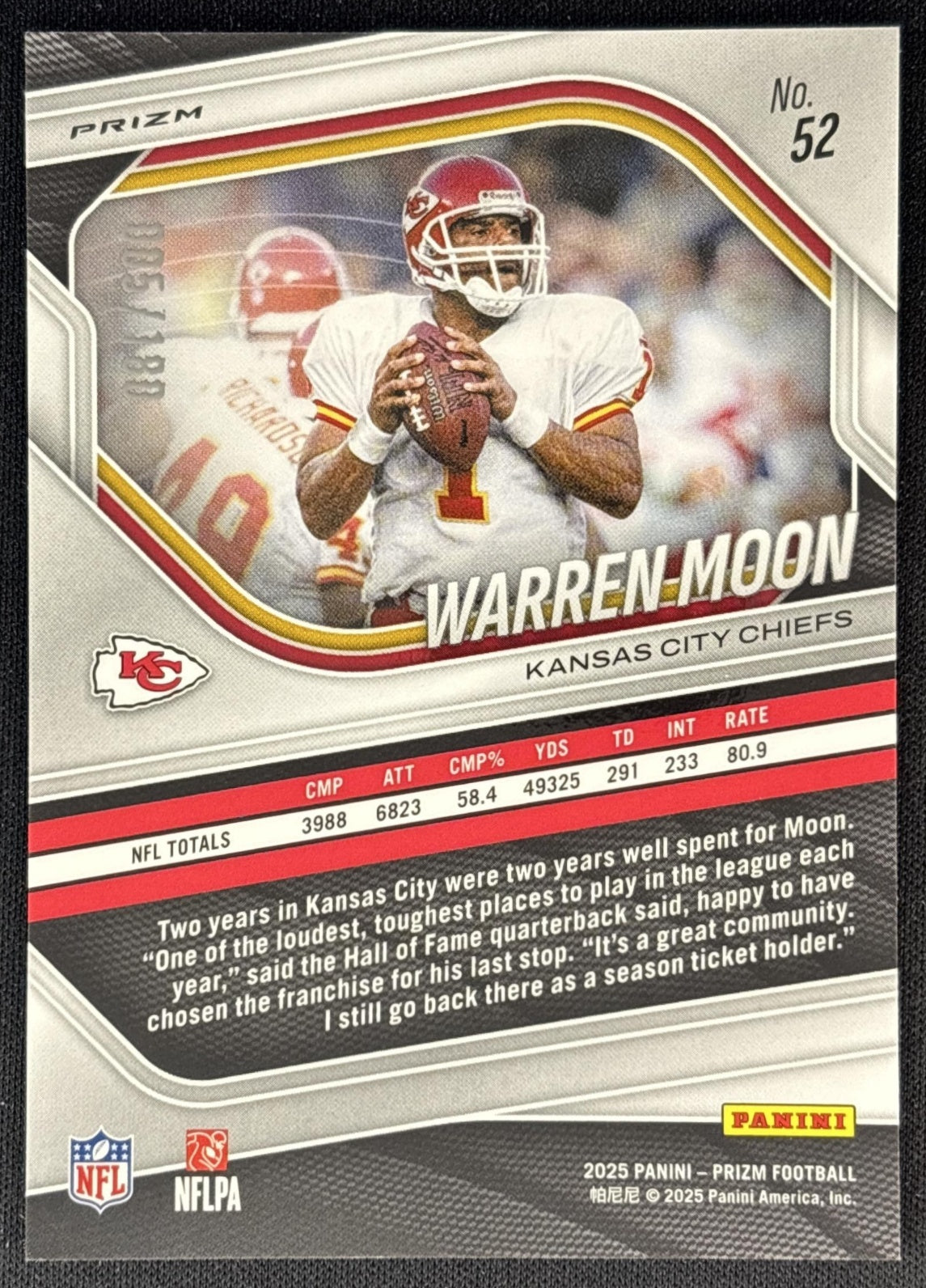 Warren Moon 2025 Panini Prizm Pigskin /180 Chiefs back