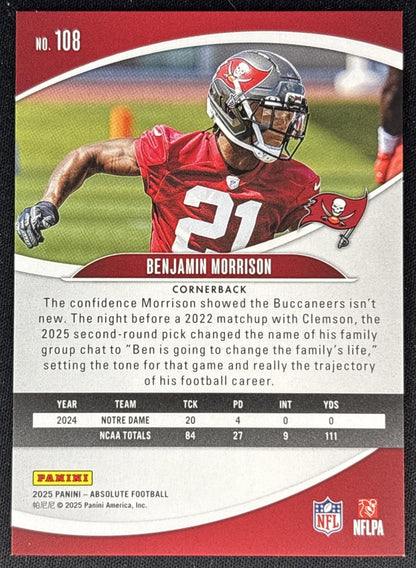 Benjamin Morrison 2025 Panini Absolute Rookies Red Sqaures /850 Buccaneers back