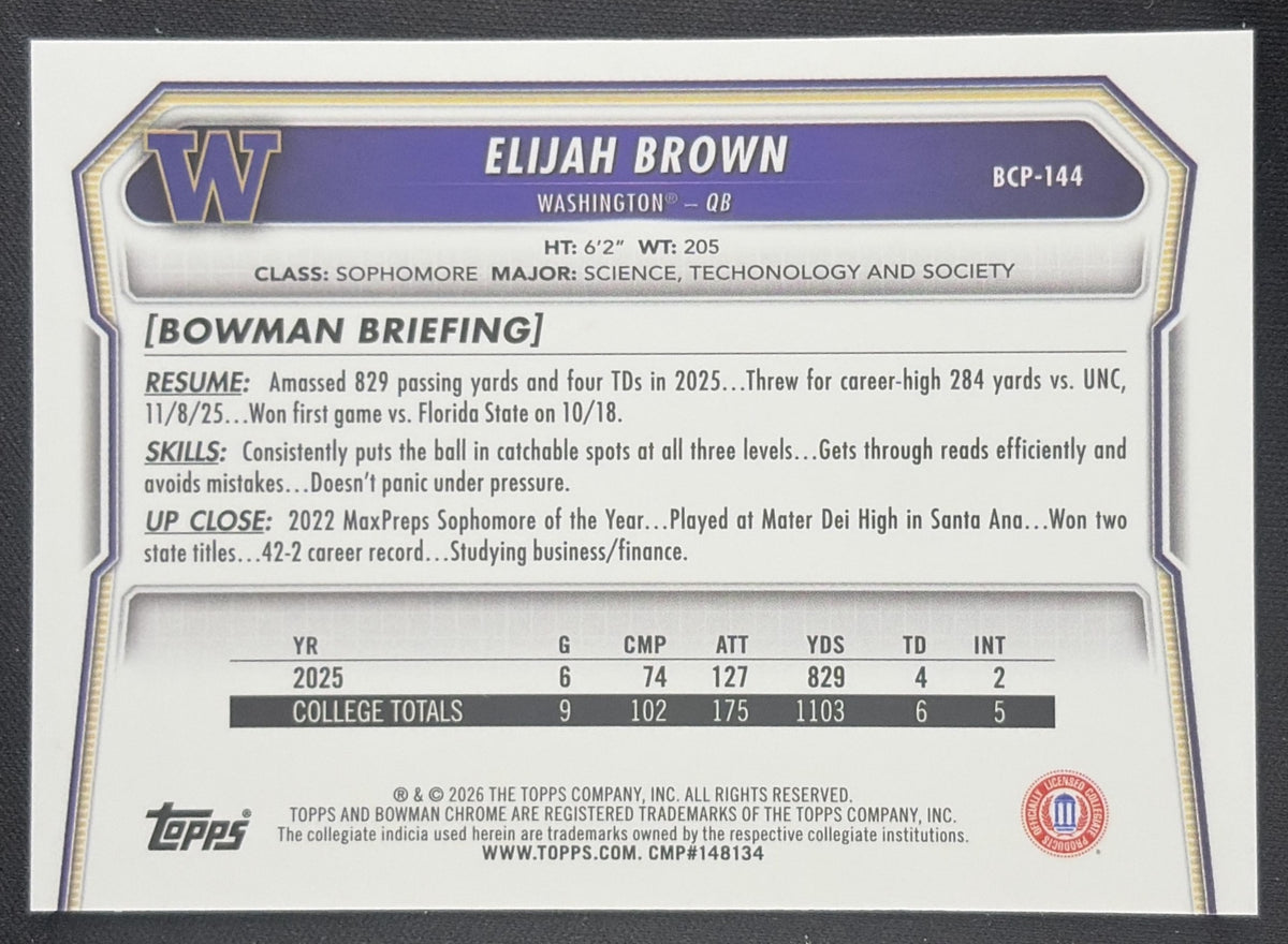 Elijah Brown 2026 Bowman Chrome Prospects Mojo Refractor Huskies