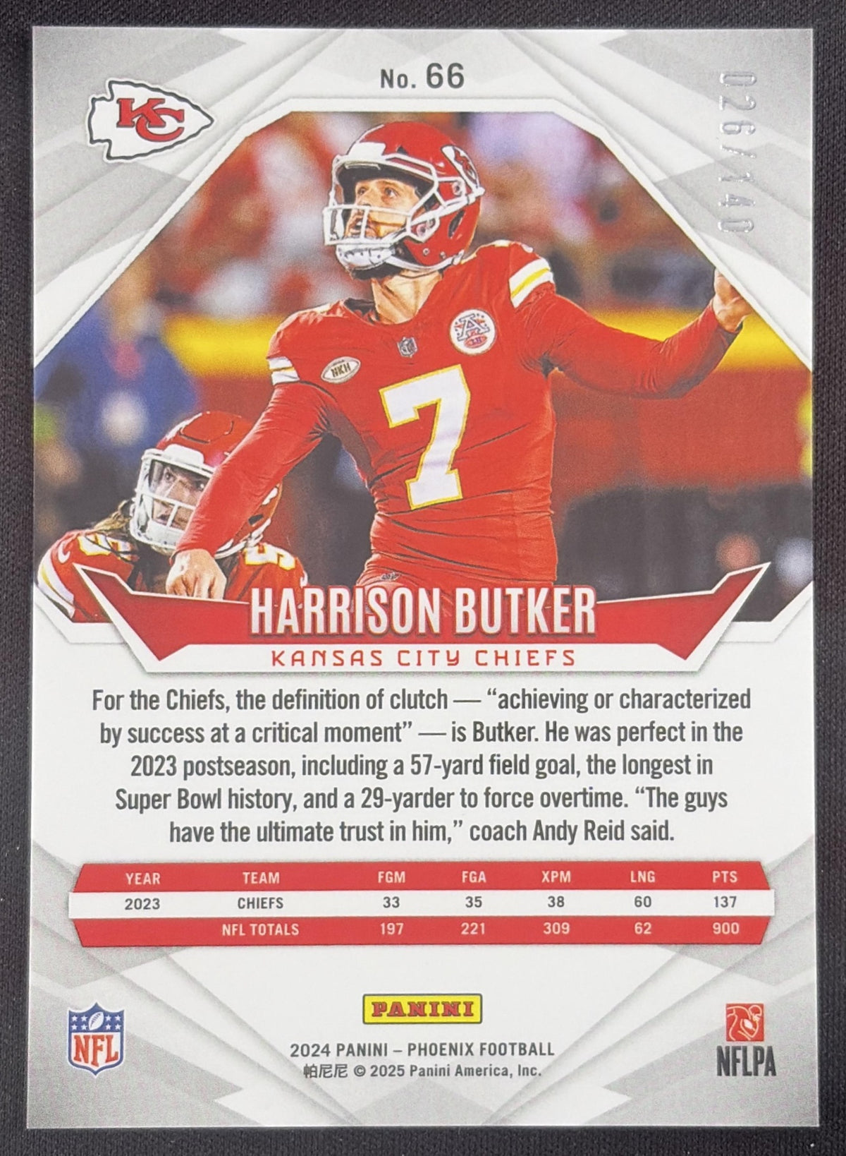 Harrison Butker 2024 Panini Phoenix Red Hyper /140 Chiefs