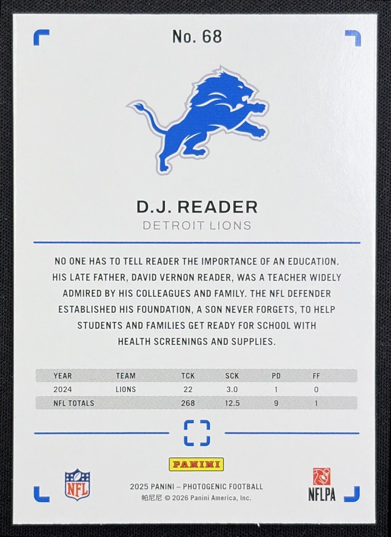 D.J. Reader 2025 Panini PhotoGenic Bronze /150 Lions