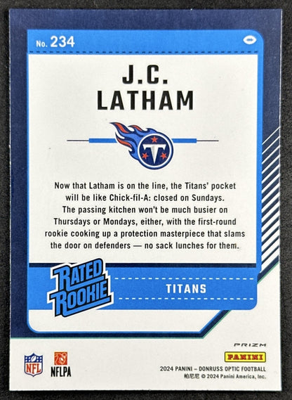 J.C. Latham 2024 Panini Donruss Optic Purple Shock Titans Back