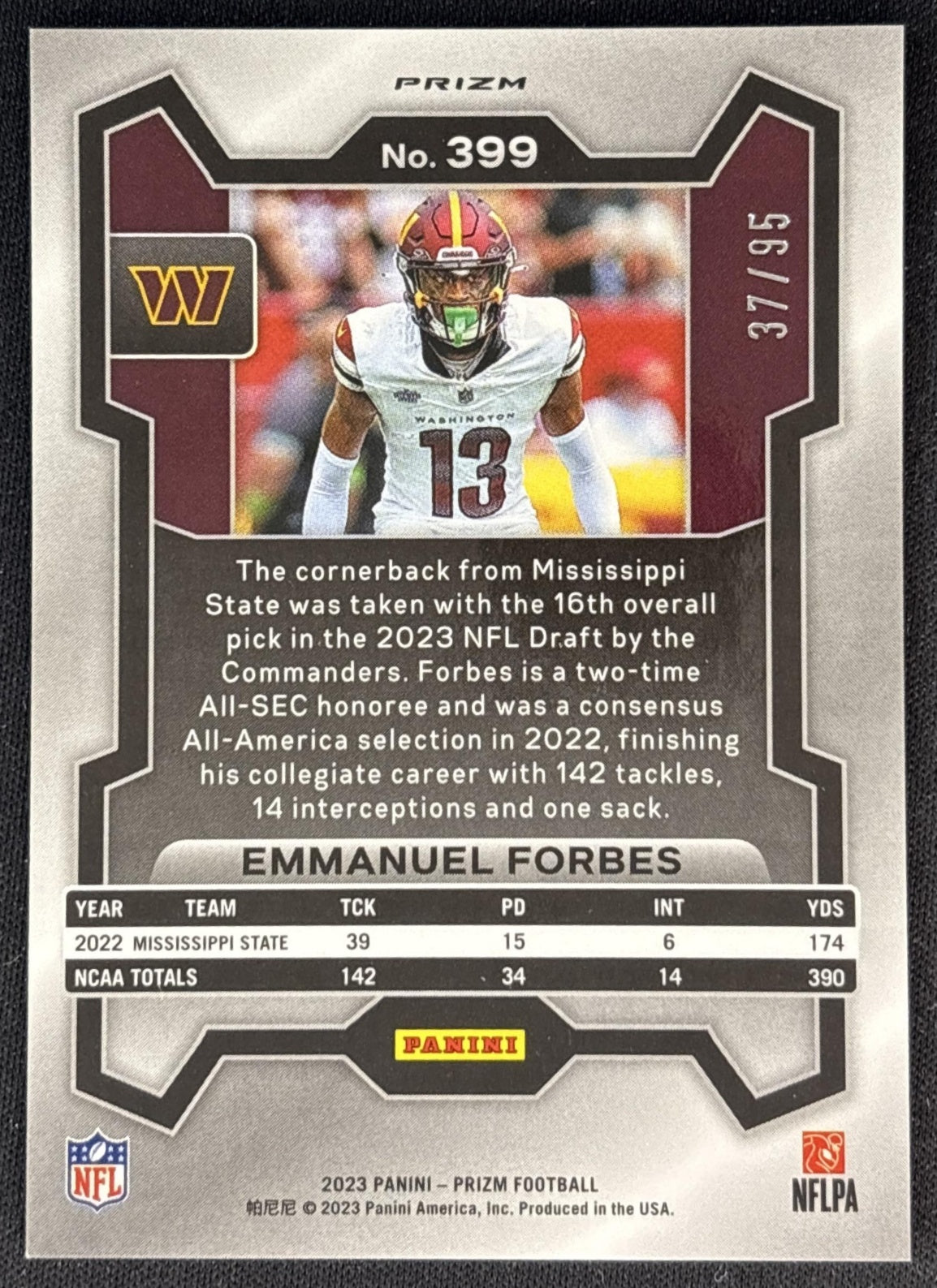 Emmanuel Forbes 2023 Panini Prizm No Huddle Blue /95 Commanders back