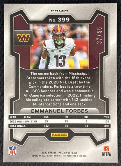 Emmanuel Forbes 2023 Panini Prizm No Huddle Blue /95 Commanders back