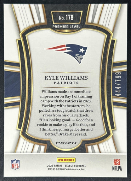 Kyle Williams 2025 Panini Select Premier Level White Prizm Shock /799 Patriots back