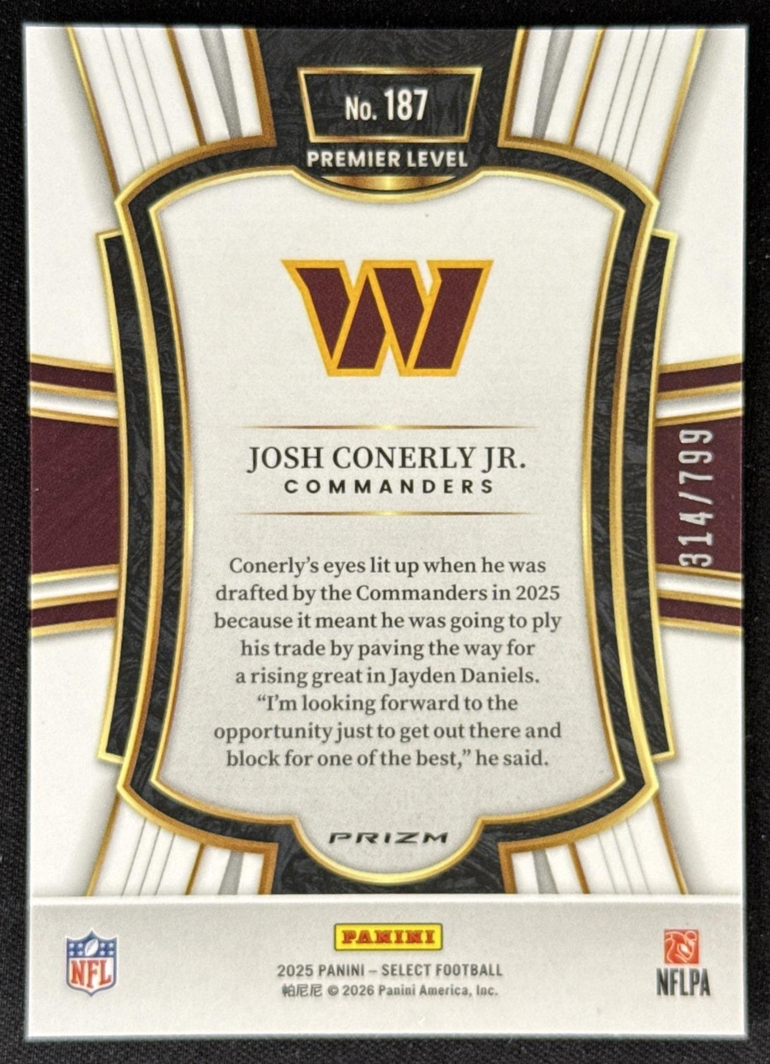 Josh Conerly Jr. 2025 Select Premier Level White Prizm Shock /799 Commanders Sports Trading Card