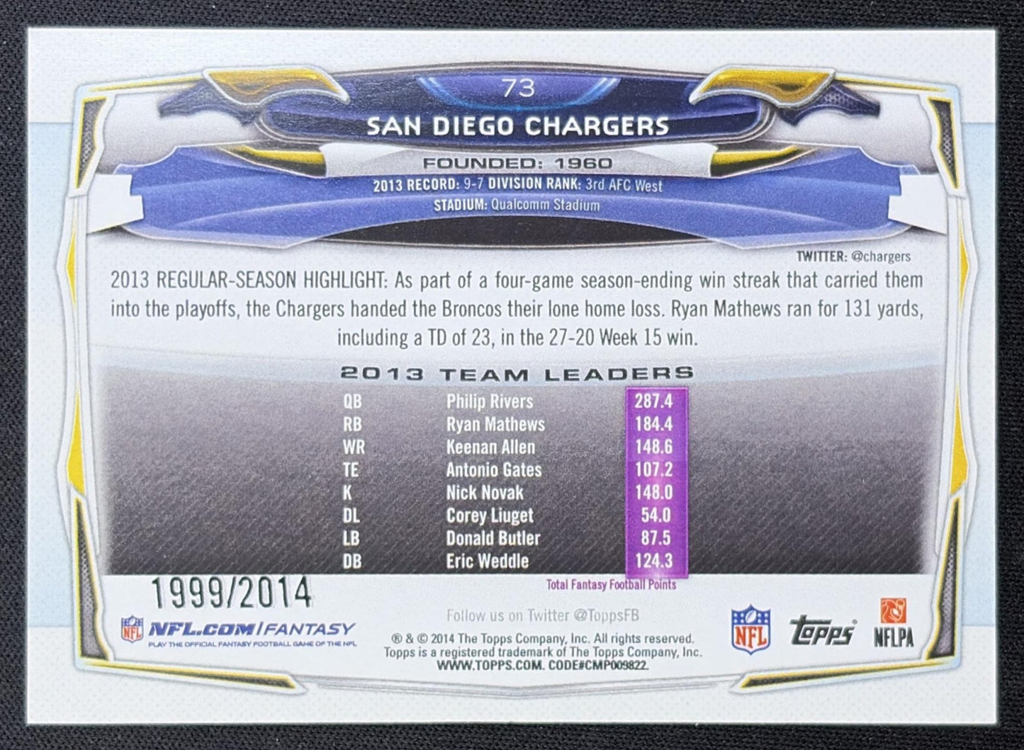 San Diego Chargers 2014 Topps Gold /2014