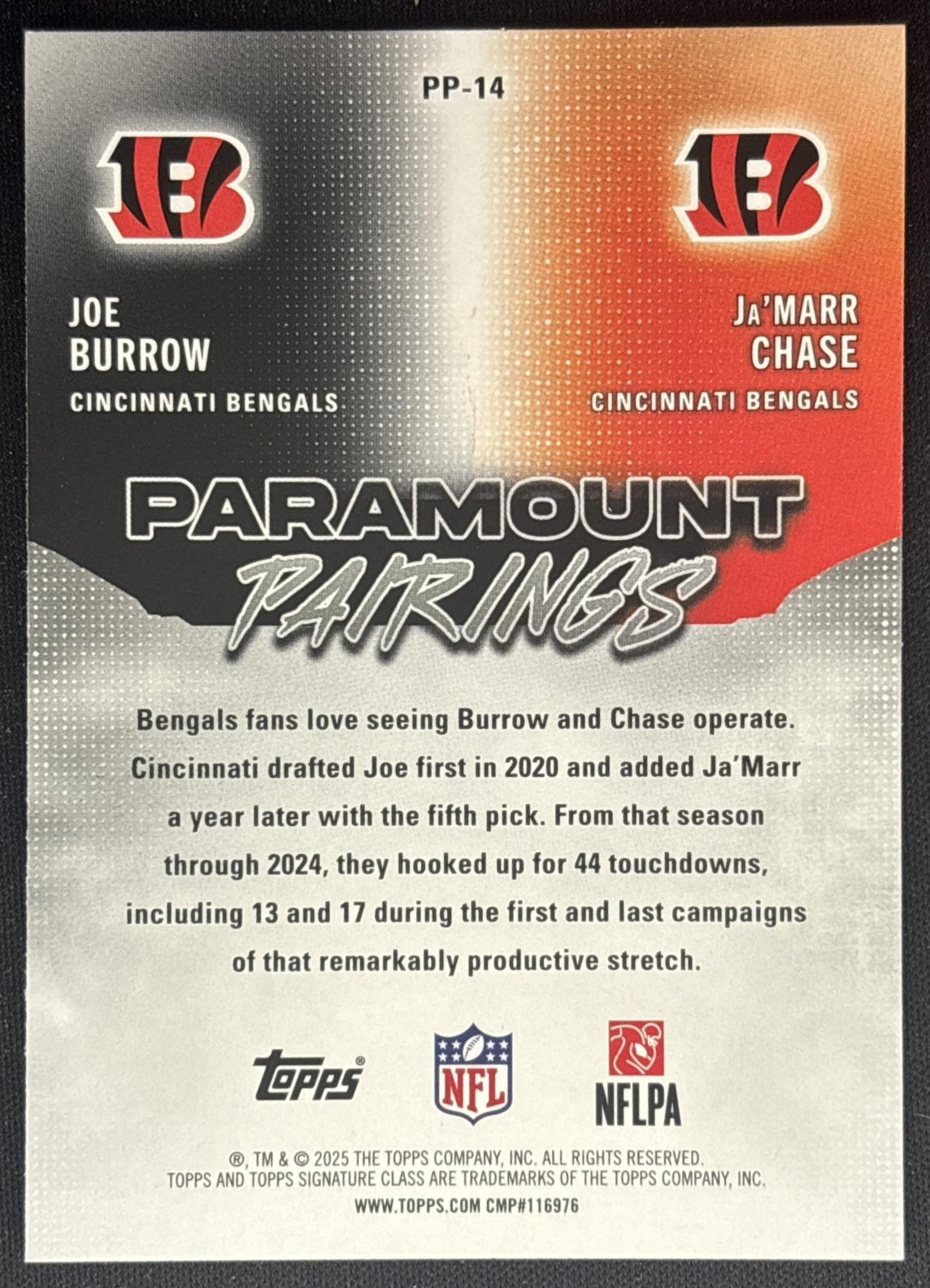 Ja'Marr Chase Joe Burrow 2025 Topps Signature Class Paramount Pairings Bengals back