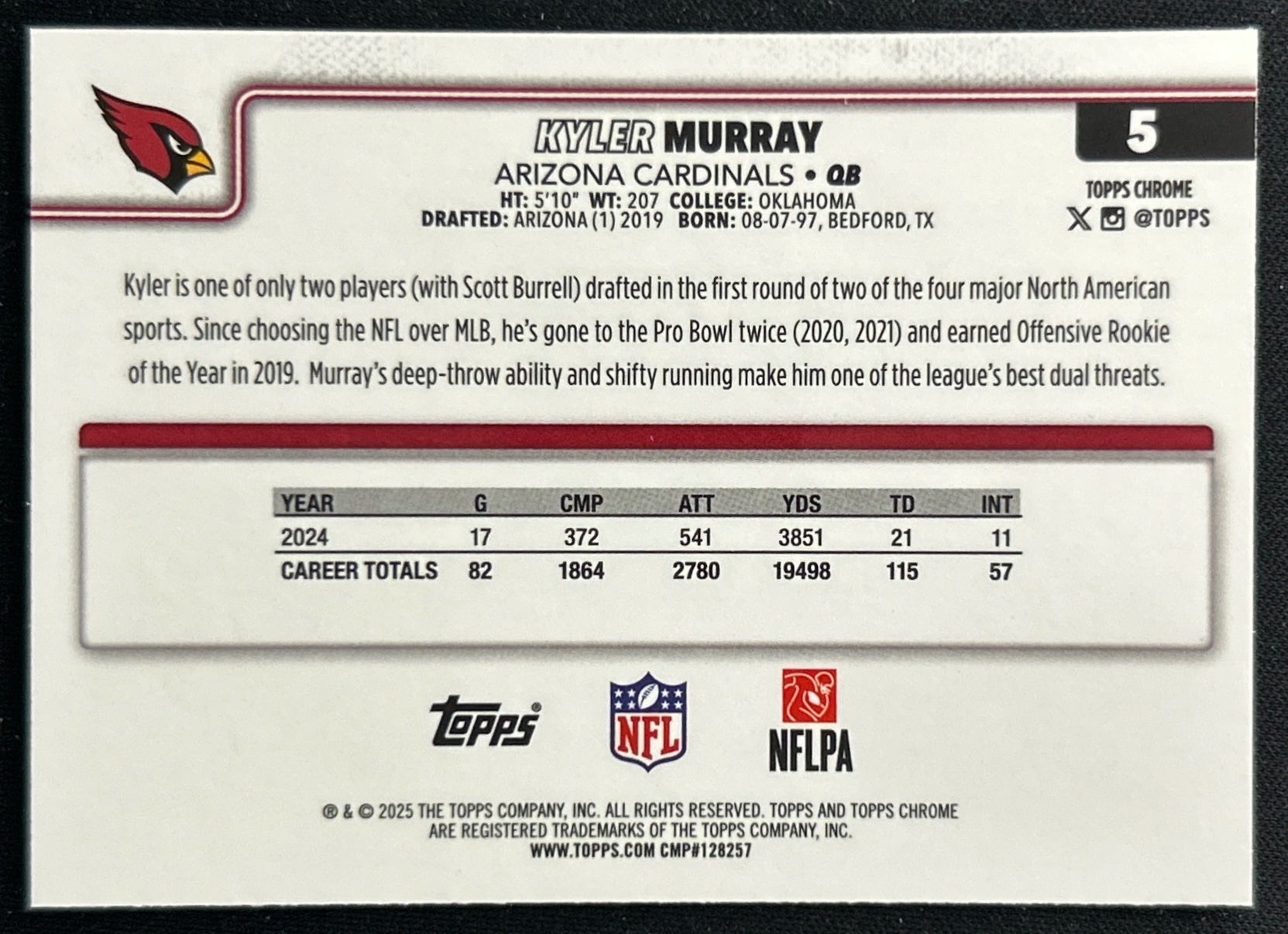Kyler Murray 2025 Topps Chrome Cardinals Sports Trading Cards