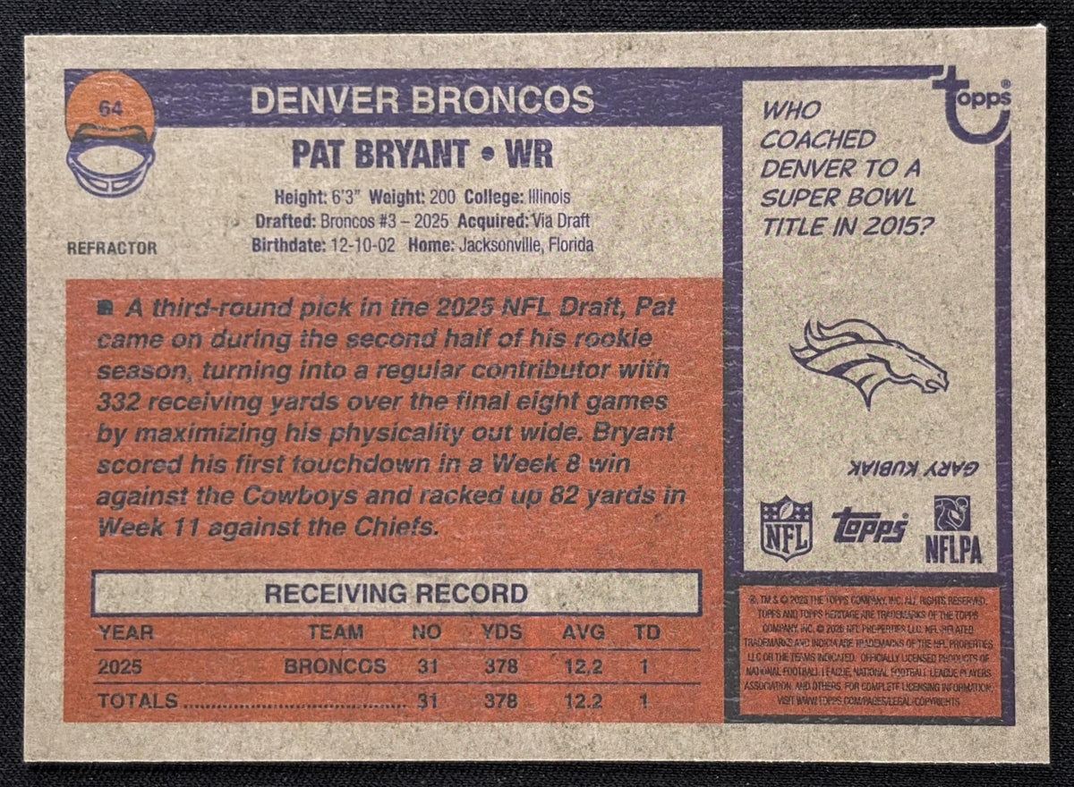 Pat Bryant 2026 Topps Heritage Chrome Refractor Broncos