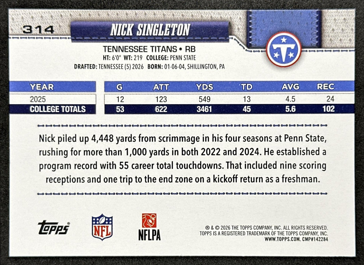 Nick Singleton 2026 Topps Flagship Rookie Titans Sports Trading Card