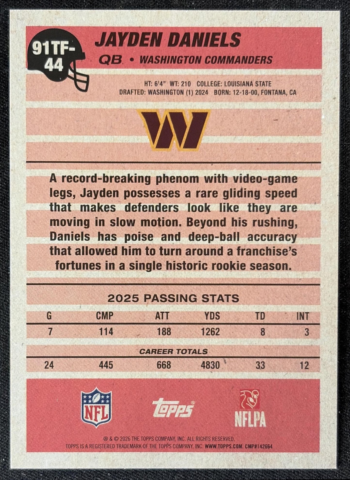 Jayden Daniels 2026 Topps 1991 Crackle Foil Commanders back