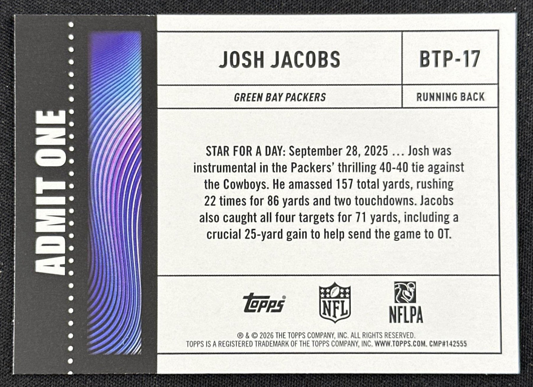 Josh Jacobs 2026 Topps Flagship Big Ticket Players Packers