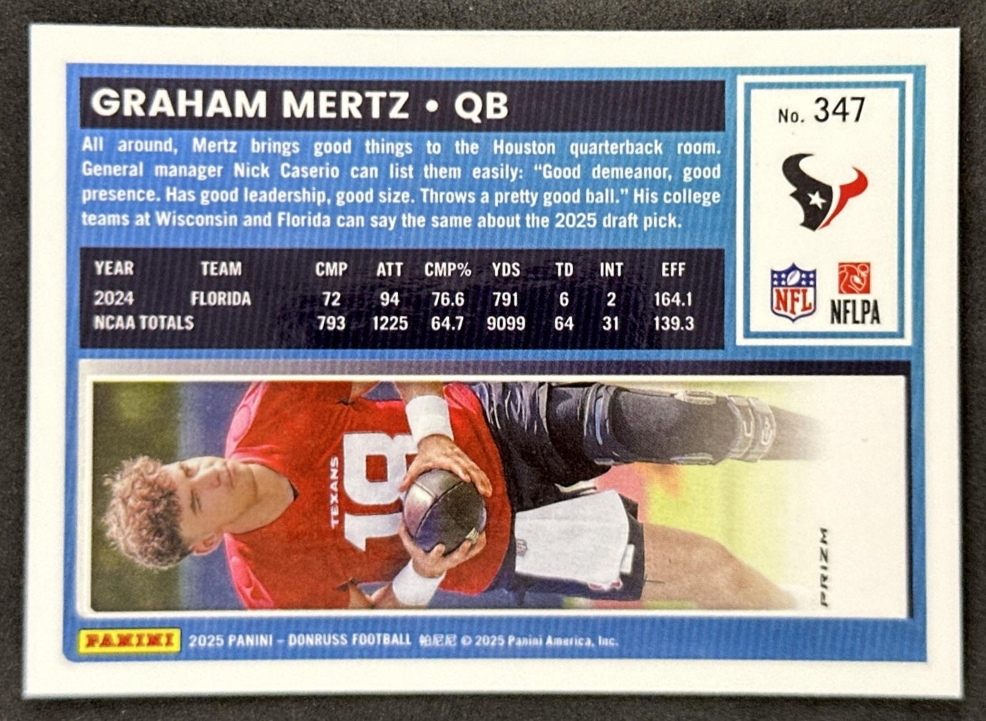 Graham Mertz 2025 Panini Donruss Optic Rated Rookie Preview Red Wave Texans back sports trading card