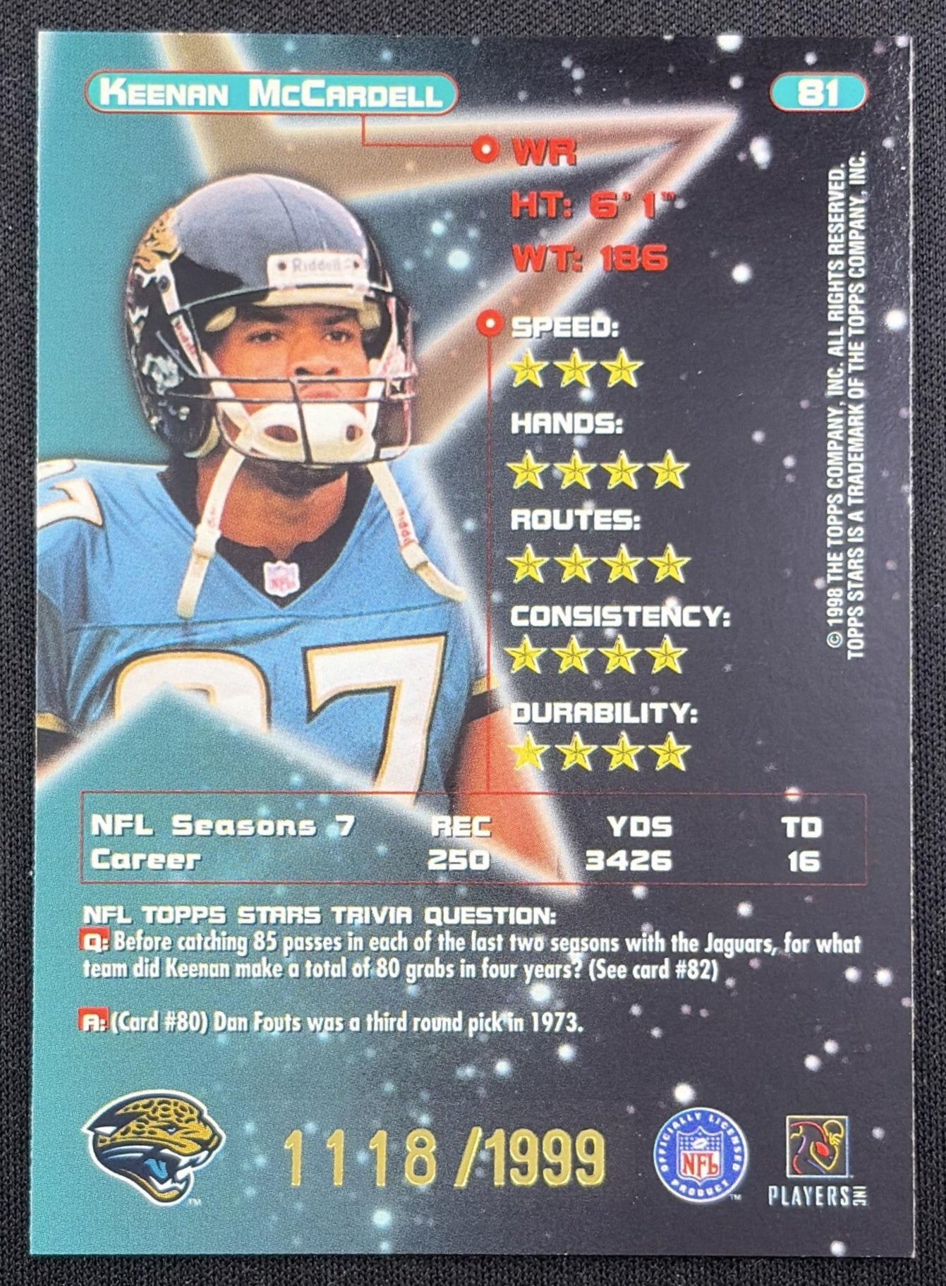 Keenan McCardell 1998 Topps Stars Gold Star /1999 Jaguars back