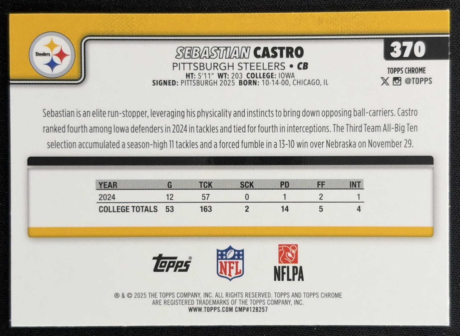 Sebastian Castro 2025 Topps Chrome Rookie Blue Geometric Refractor /150 Steelers Sports Trading Cards