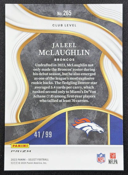 Jaleel McLaughlin 2023 Panini Select Blue Prizms /99 Broncos