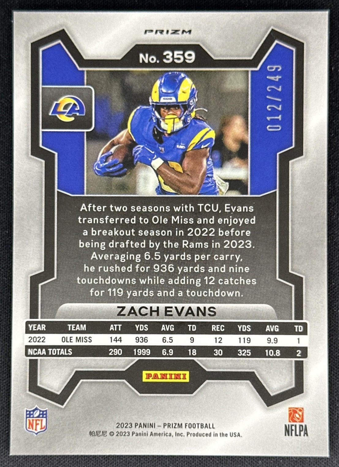 Zach Evans 2023 Panini Prizm Orange /249 Rams back