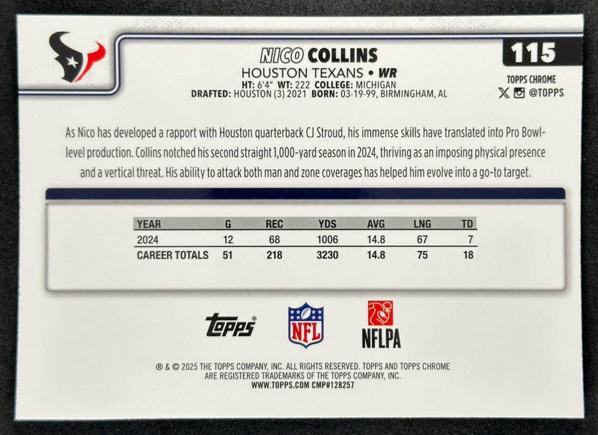 Nico Collins 2025 Topps Chrome Pulsar Refractor Texans Sports Trading Cards