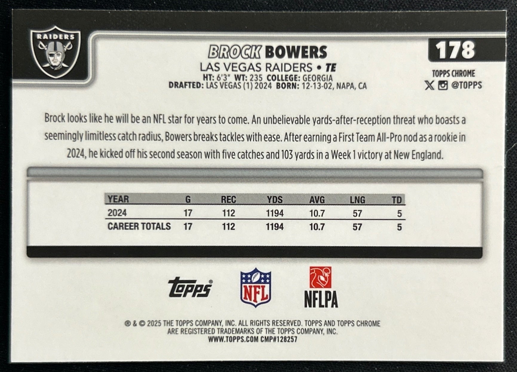 Brock Bowers 2025 Topps Chrome Raiders Sports Trading Cards