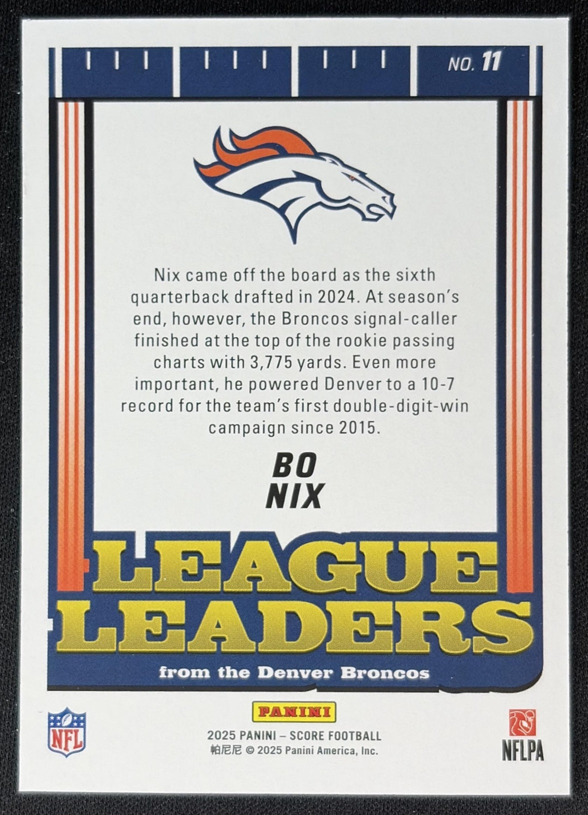 Bo Nix 2025 Panini Score League Leaders Broncos Back