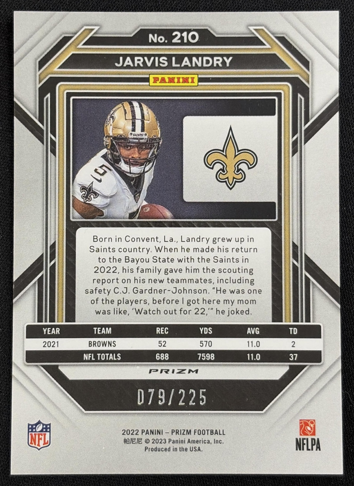 Jarvis Landry 2022 Panini Prizm Purple Ice /225 Saints - back