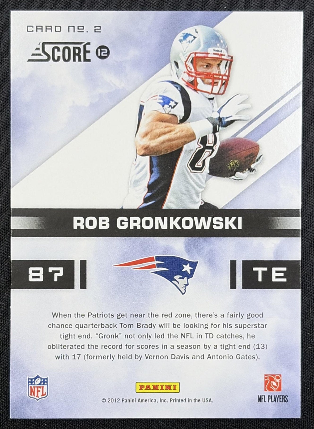 Rob Gronkowski 2012 Panini Score In the Zone Patriots New England Patriots