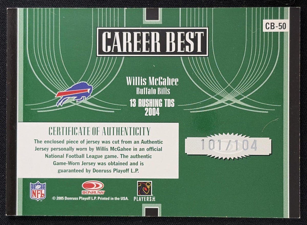 Willis McGahee 2005 Donruss Elite Career Best Jerseys Year /104 Bills Sports Trading Card