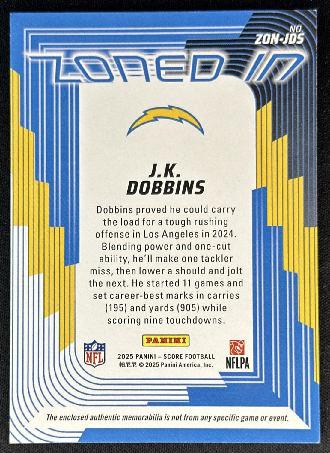 J.K. Dobbins 2025 Panini Score Zoned In Jerseys Chargers 2