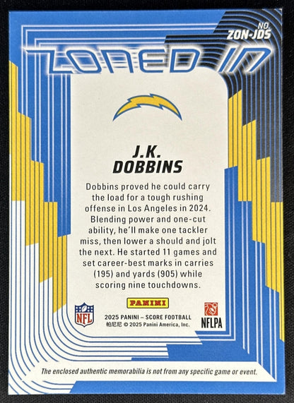 J.K. Dobbins 2025 Panini Score Zoned In Jerseys Chargers 2