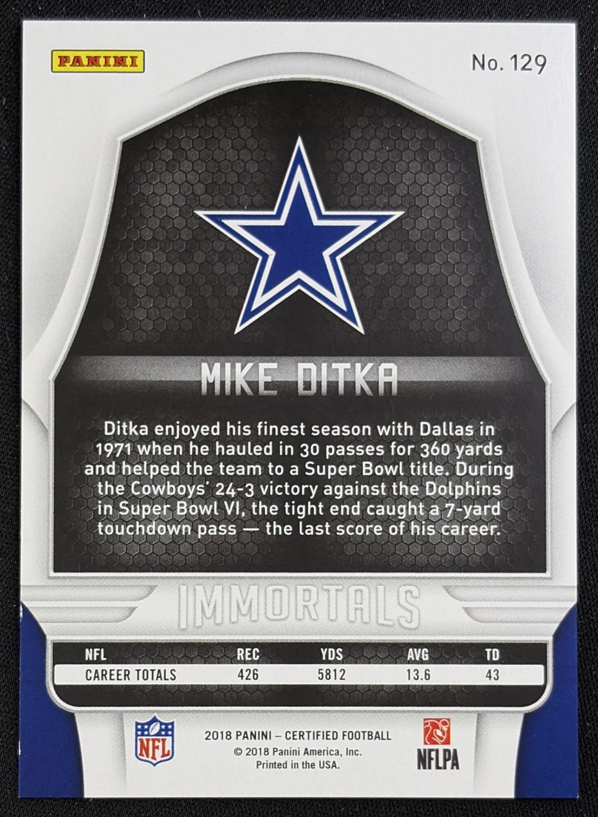 Mike Ditka 2018 Panini Certified /999 Cowboys sports trading card back