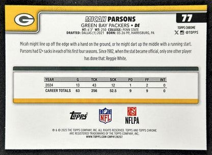 Micah Parsons 2025 Topps Chrome Pink Wave Refractor /250 Packers Sports Trading Cards