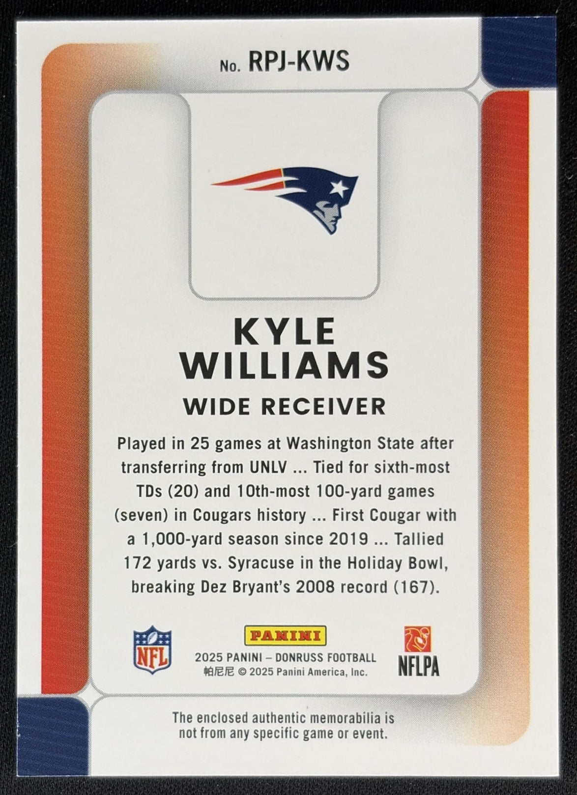 Kyle Williams 2025 Panini Donruss Rookie Phenom Jerseys Patriots back